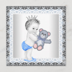 Blauw en grijs vintage baby jongensfeestje kaart