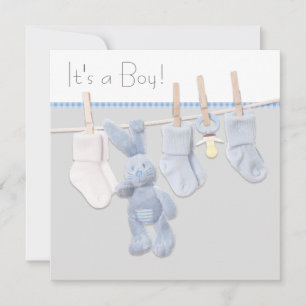 Blauw en grijs waslijn Baby shower Kaart