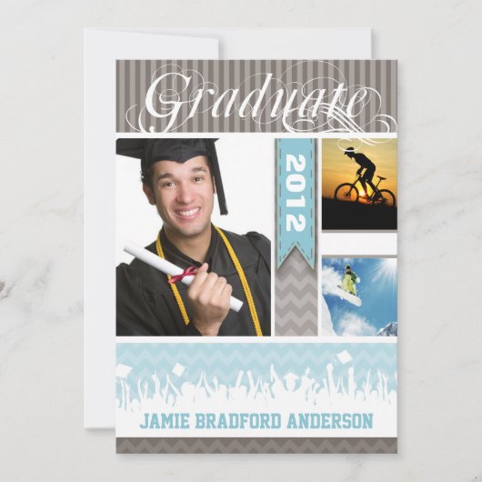 Blauw en grijs Zig Zag Senior 3 Afbeeldingen Klass Aankondiging (Voorkant)