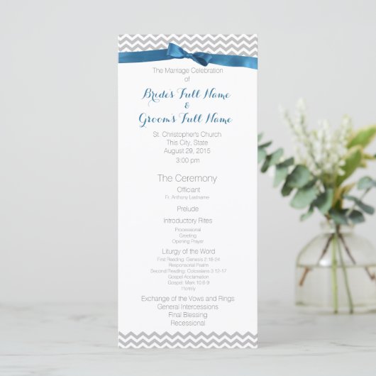 Blauw en Grijs Zigzag Patroon Wedding Programma (Staand voorkant)