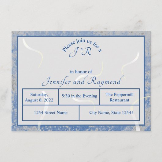 Blauw- en grijze marmer Monogramed repetitief dine Informatiekaartje (Voorkant)