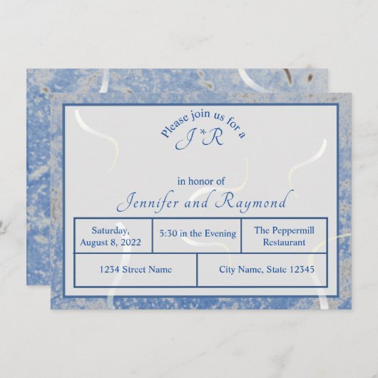 Blauw- en grijze marmer Monogramed repetitief dine Informatiekaartje (Voorkant / Achterkant)