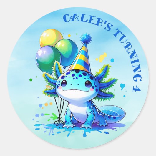 Blauw en groen Axolotl Boy's Verjaardagsfeest Ronde Sticker (Voorkant)