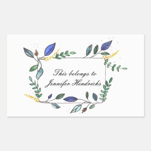Blauw en Groen Blad Versierde Boekplaat Rechthoekige Sticker (Voorkant)
