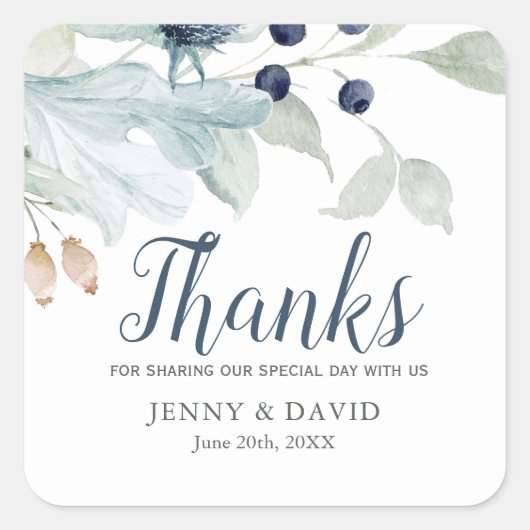 Blauw en Groen Bladblad voor Winter Thema Bruiloft Vierkante Sticker (Voorkant)