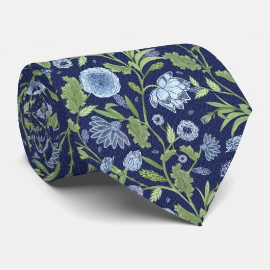 Blauw en Groen Bloemen Mughal Blok Print Stropdas (Opgerold)
