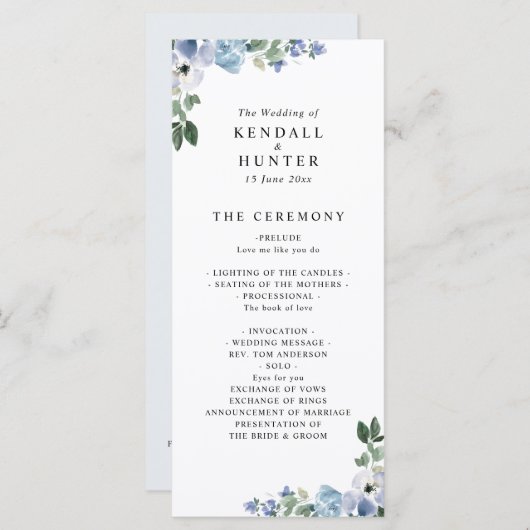 Blauw en groen bloemenbruiloft programma (Voorkant / Achterkant)