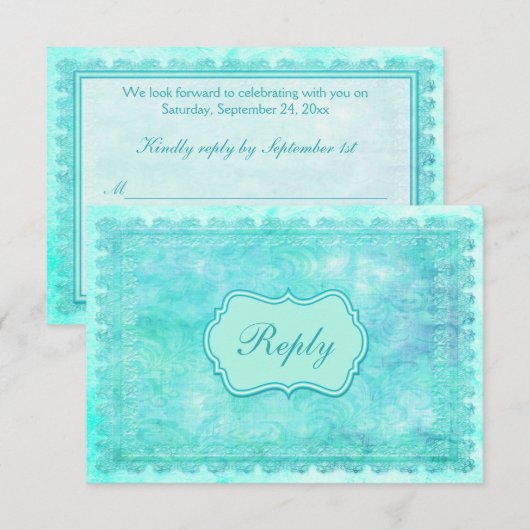 Blauw en groen bloemengordijn antwoordkaart RSVP kaartje (Voorkant / Achterkant)