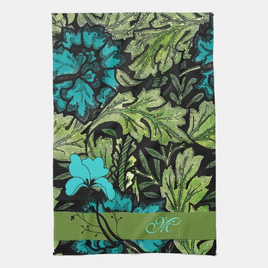 Blauw en groen bloemenmonogram theedoek (Verticaal)