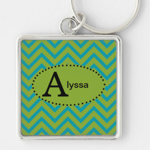 Blauw en groen Chevron gepersonaliseerde sleutelha Sleutelhanger