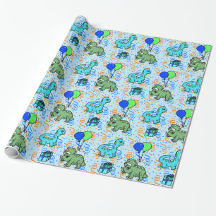 Blauw en groen Confetti Dinosauriërs Verjaardag Cadeaupapier