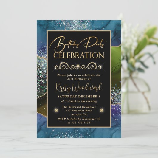 Blauw en groen en goudglitter Agate Birthday Party Kaart (Staand voorkant)