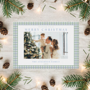 Blauw en groen Gingham Kerst Foto Feestdagenkaart