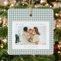 Blauw en Groen Gingham Kerstmis Custom Foto