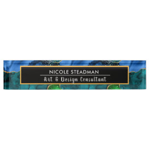 Blauw en groen glitter Peacock Agate Naambordje