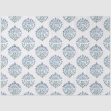 Blauw en groen handblok bloemmotief, ivoor