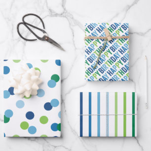 Blauw en groen jongens verjaardag inpakpapier vel