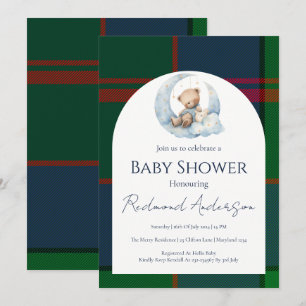 Blauw en groen klassiek geruit berenjongens baby s kaart