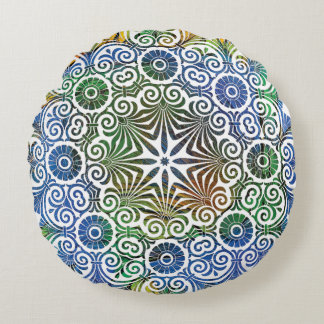 Blauw en Groen Mandala Rond Kussen