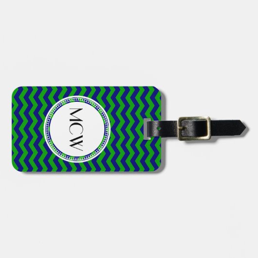 Blauw en Groen Monogram Chevron Gepersonaliseerd Bagagelabel (Voorkant horizontaal)