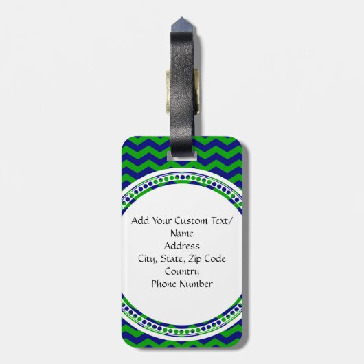 Blauw en Groen Monogram Chevron Gepersonaliseerd Bagagelabel (Achterkant verticaal)