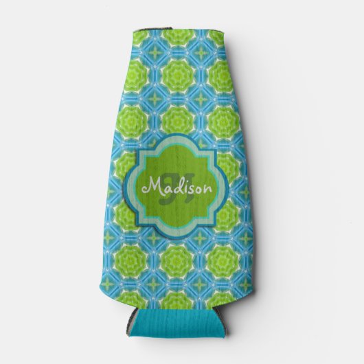 Blauw en Groen Monogram Mandala Patroon Flesjeskoeler (Voorkant)