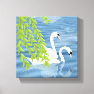 Blauw en groen paar zwanen op het meer canvas afdruk