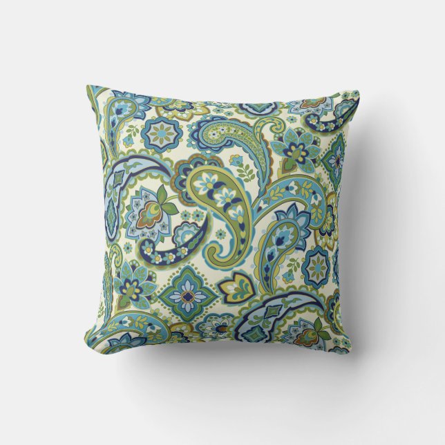 Blauw en Groen Paisley Kussen (Voorkant)