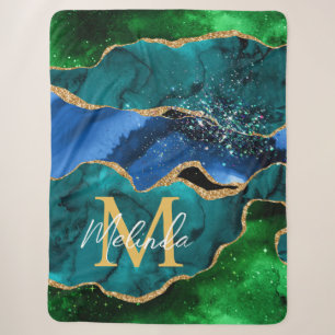 Blauw en Groen Pauw Nep Glitter Agate Sherpa Deken