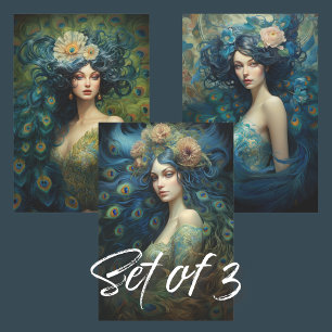 Blauw en groen pauw veren een vrouwenportret inpakpapier vel