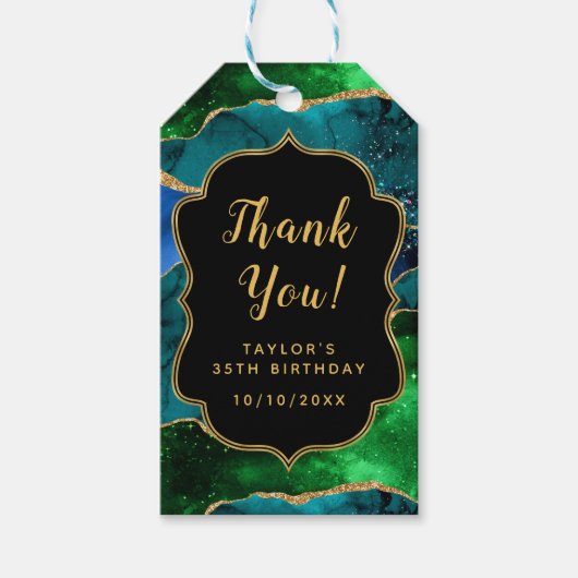 Blauw en Groen Peacock Agaat Verjaardag Dank u Cadeaulabel (Voorkant)