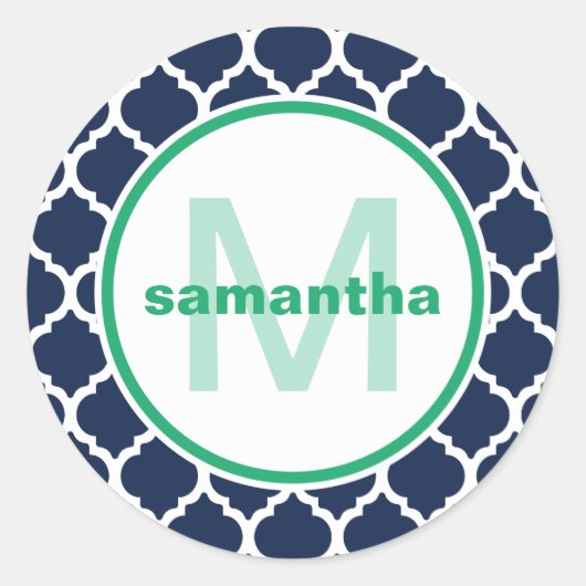 Blauw en Groen Quatrefoil Monogram Ronde Sticker (Voorkant)