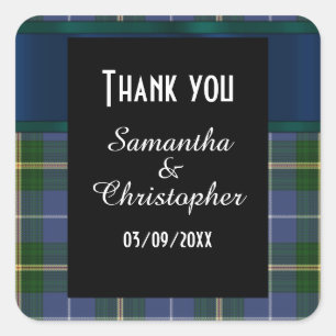 Blauw en groen tartan geruite bruiloft dank u vierkante sticker