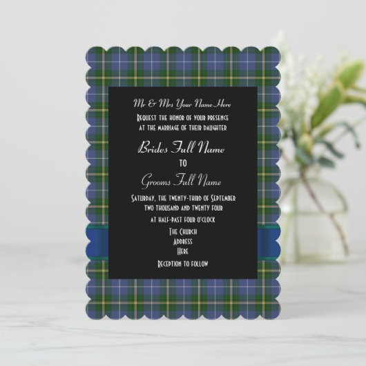 Blauw en groen tartan geruite formele bruiloft kaart (Staand voorkant)