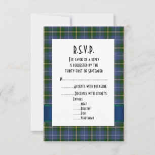Blauw en groen tartan geruite formele bruiloft R.S RSVP Kaartje