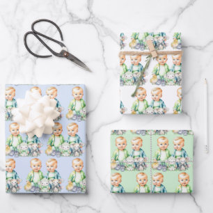 Blauw en Groen Twin Boys Waterverf Baby shower Inpakpapier Vel