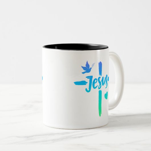 Blauw en groen verloop Jesus Cross Christelijk Tweekleurige Koffiemok (Voorkant rechts)