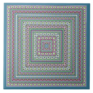 Blauw en groen vierkant etnisch sjaal met ornament tegeltje