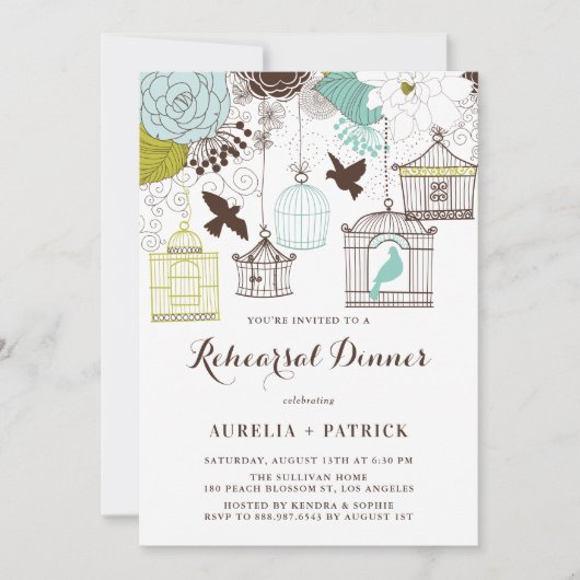 Blauw en Groen Vogelkooien repetitie Diner Kaart (Voorkant)