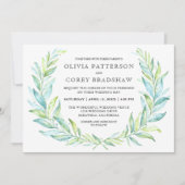 Blauw en Groen Waterverf Laurel Wreath Bruiloft Kaart (Voorkant)