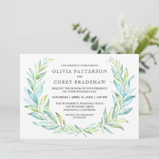 Blauw en Groen Waterverf Laurel Wreath Bruiloft Kaart (Staand voorkant)