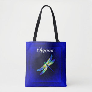 Blauw en groene libel op blauwe geometrische vierk tote bag