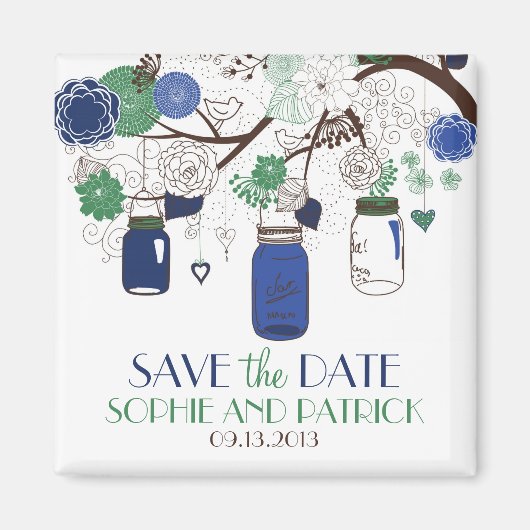 Blauw en Groene Mason Jars sparen de Datum Magnet Magneet (Voorkant)