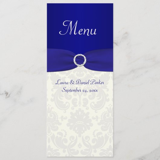 Blauw en Ivoor Damask Bruiloft Menu Kaart (Voorkant)