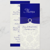 Blauw en Ivoor Damask Bruiloft Menu Kaart (Voorkant / Achterkant)