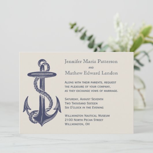 Blauw en Ivoor nautisch thema bruiloft uitnodiging (Staand voorkant)