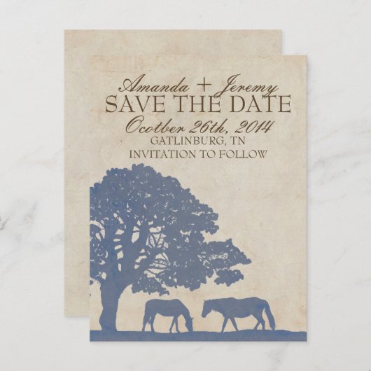 Blauw en Ivoor Paard Boerderij Save The Date Aankondigingskaart (Voorkant / Achterkant)