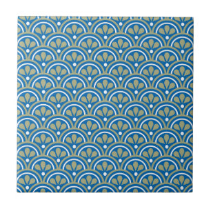 Blauw en Khaki Floral Art Deco Pattern Tegeltje