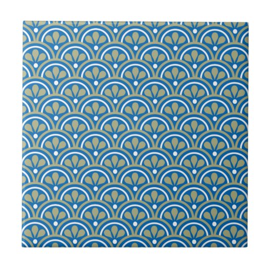 Blauw en Khaki Floral Art Deco Pattern Tegeltje (Voorkant)