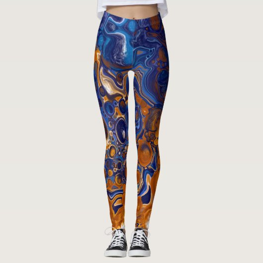 Blauw en koper Abstracte moderne kunst Leggings (Voorkant)